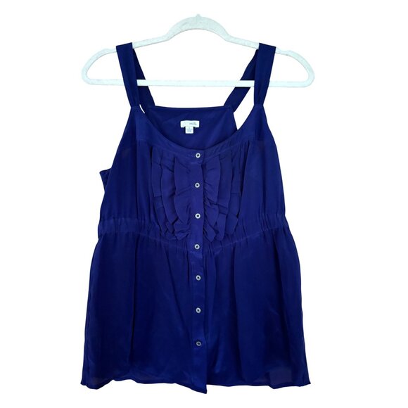 Anthropologie Odille Navy Silk Button-Front Tank Top With Ruffle Detail Size 6 - Picture 3 of 10